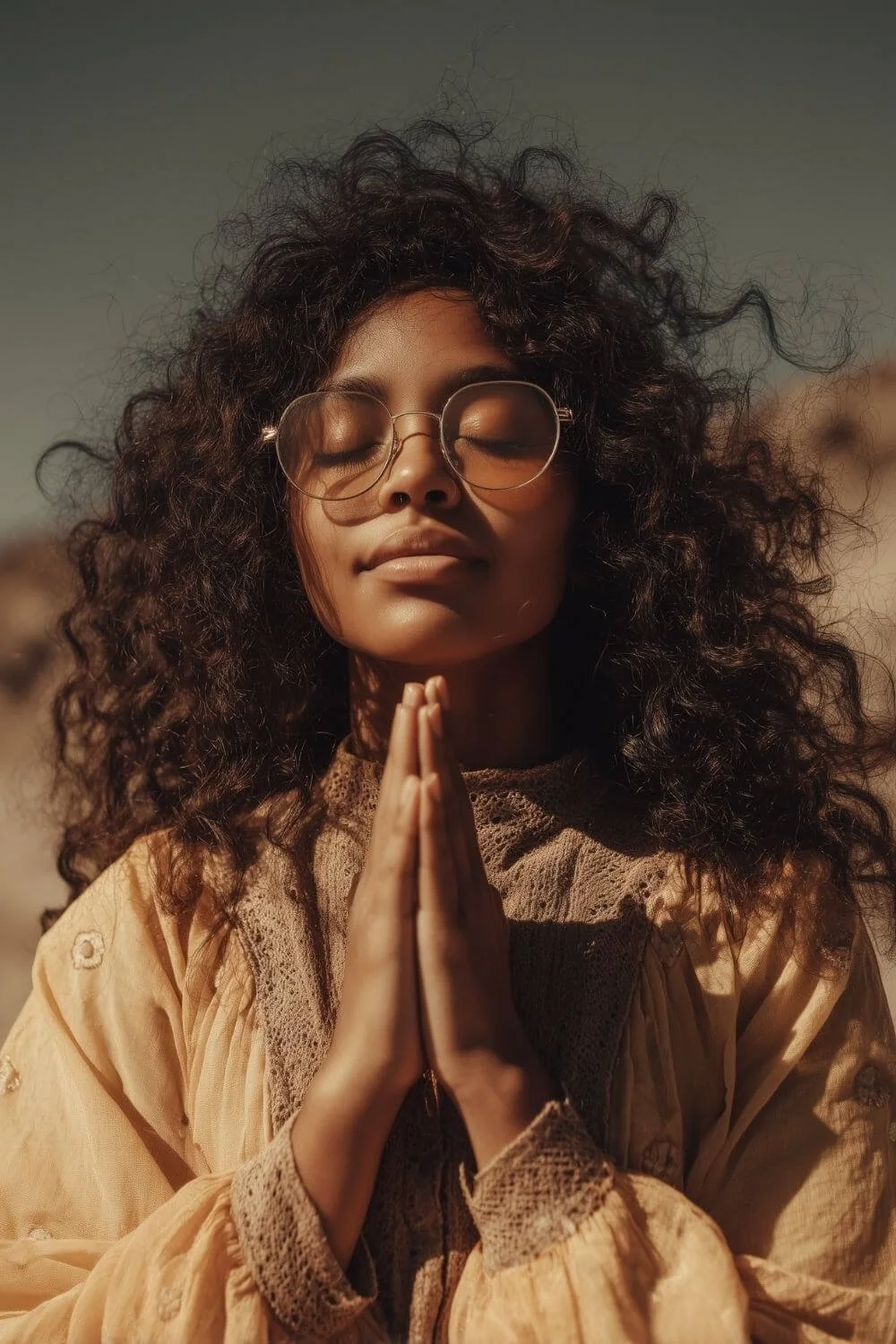 Young  black woman with long curly hair and round glasses standing outdoors in warm sunlight, eyes closed and hands pressed together in prayer, with a softly blurred natural background.
