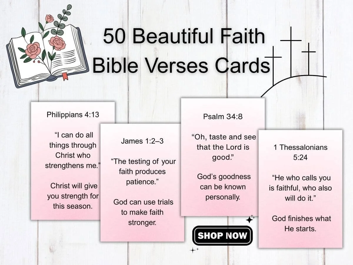 Pinterest-style graphic for “50 Beautiful Faith Bible Verses Cards” with four pink scripture cards and a “Shop Now” button on a white wood background.