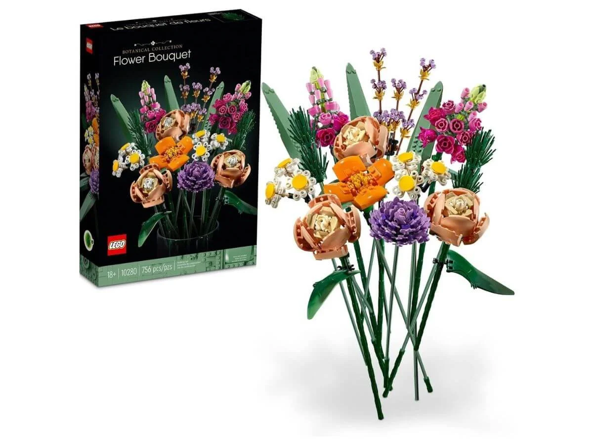 LEGO botanical flower bouquet building set with colorful brick flowers.