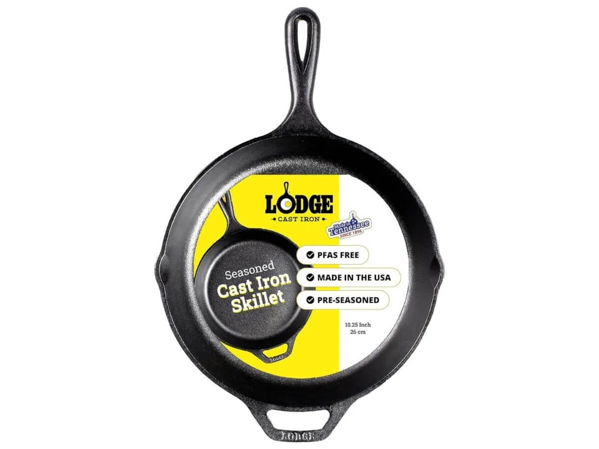 Pre-seasoned cast iron skillet frying pan with handle.