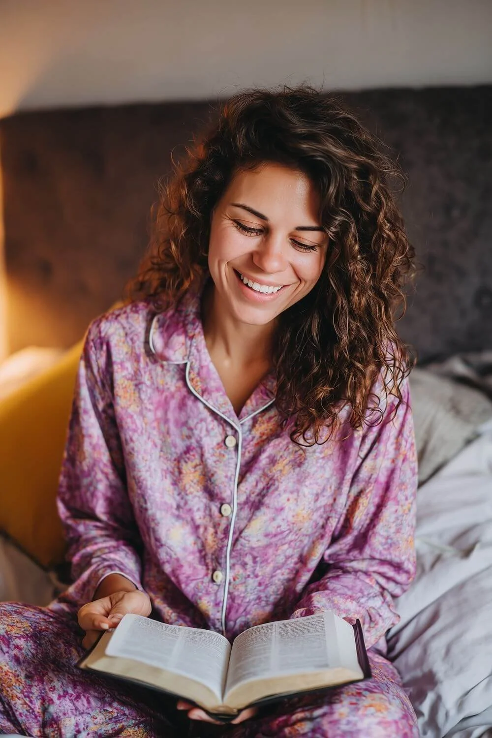 Smiling woman in pink pajamas reading her Bible on a cozy bed.