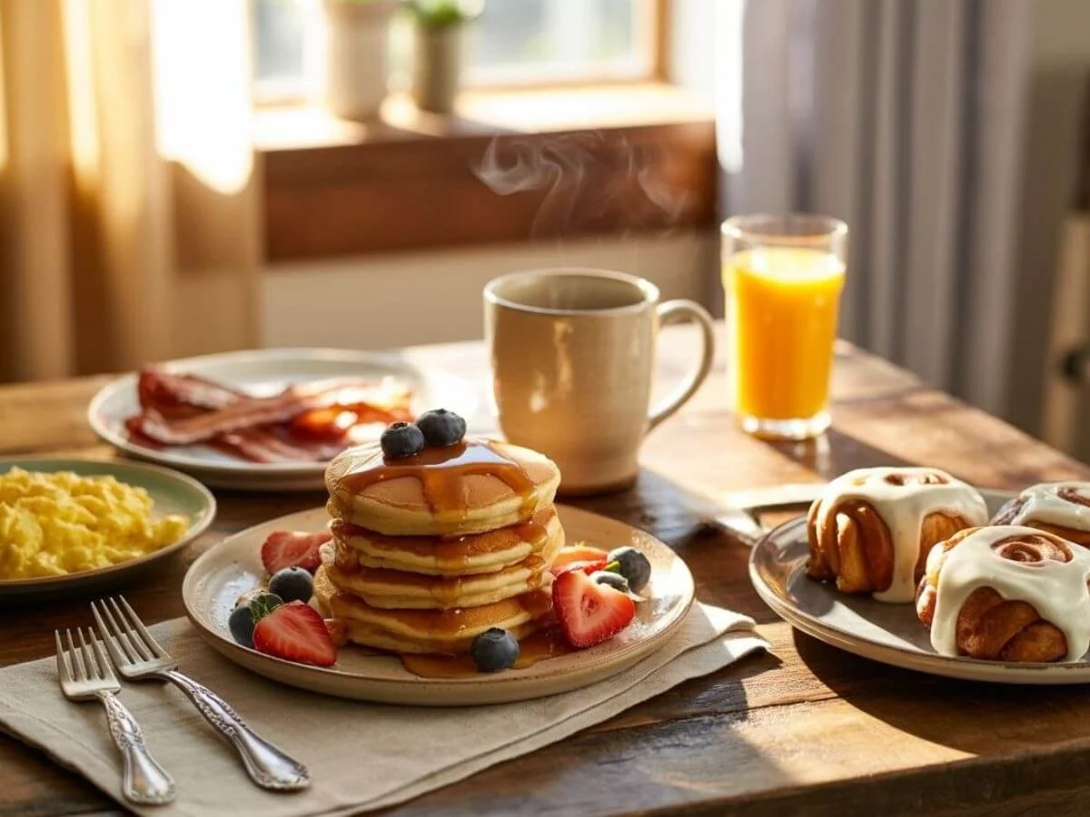 A warm, inviting photograph of a rustic wooden breakfast table adorned with an array of homemade Sunday morning treats