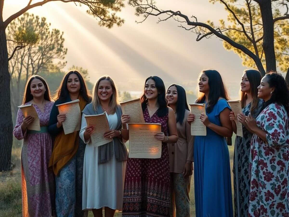 Diverse women holding glowing scrolls symbolizing God's word, with soft light through trees and a peaceful landscape.