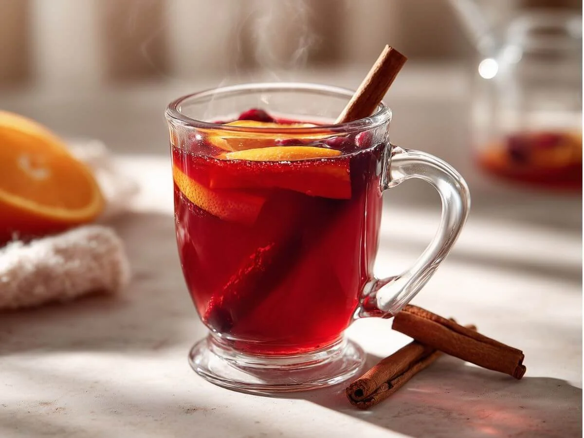 Cranberry orange spice drink in a glass mug with orange slice and cinnamon stick.