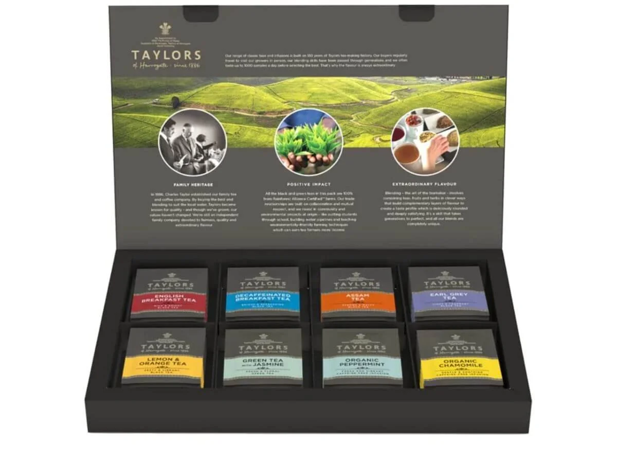 Tea sampler gift box with assorted flavored tea bags.