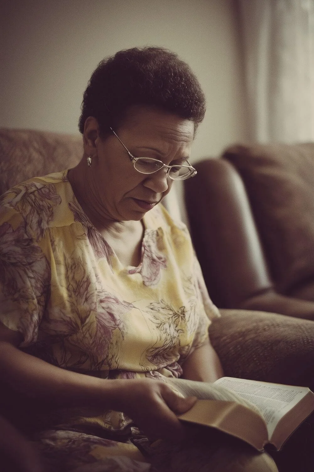 Older black Woman sitting on a couch reading her Bible, reflecting quietly in soft natural light.