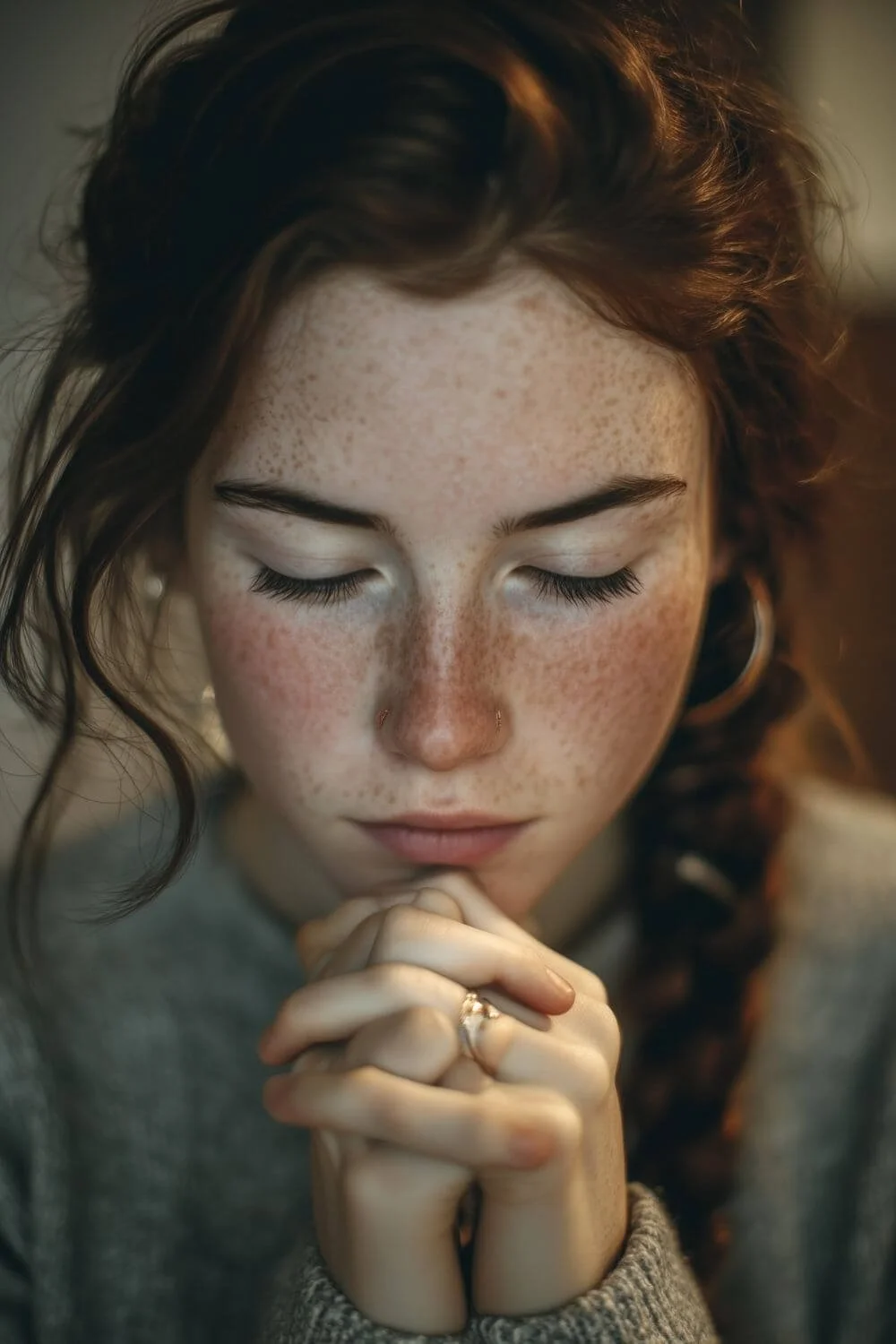 Close-up portrait of a young woman with freckles and auburn hair in a braid, eyes closed and hands clasped in prayer, softly lit with a warm, blurred background.