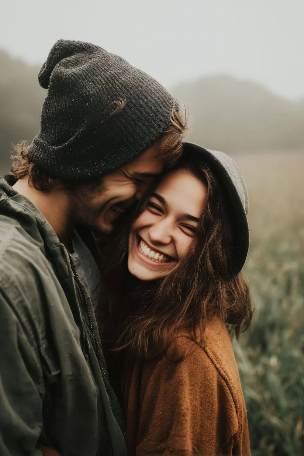 Smiling couple in casual fall clothing embracing in a misty field, with the man wearing a beanie and jacket and the woman laughing in a wide-brim hat and sweater, captured in a warm, candid moment outdoors.