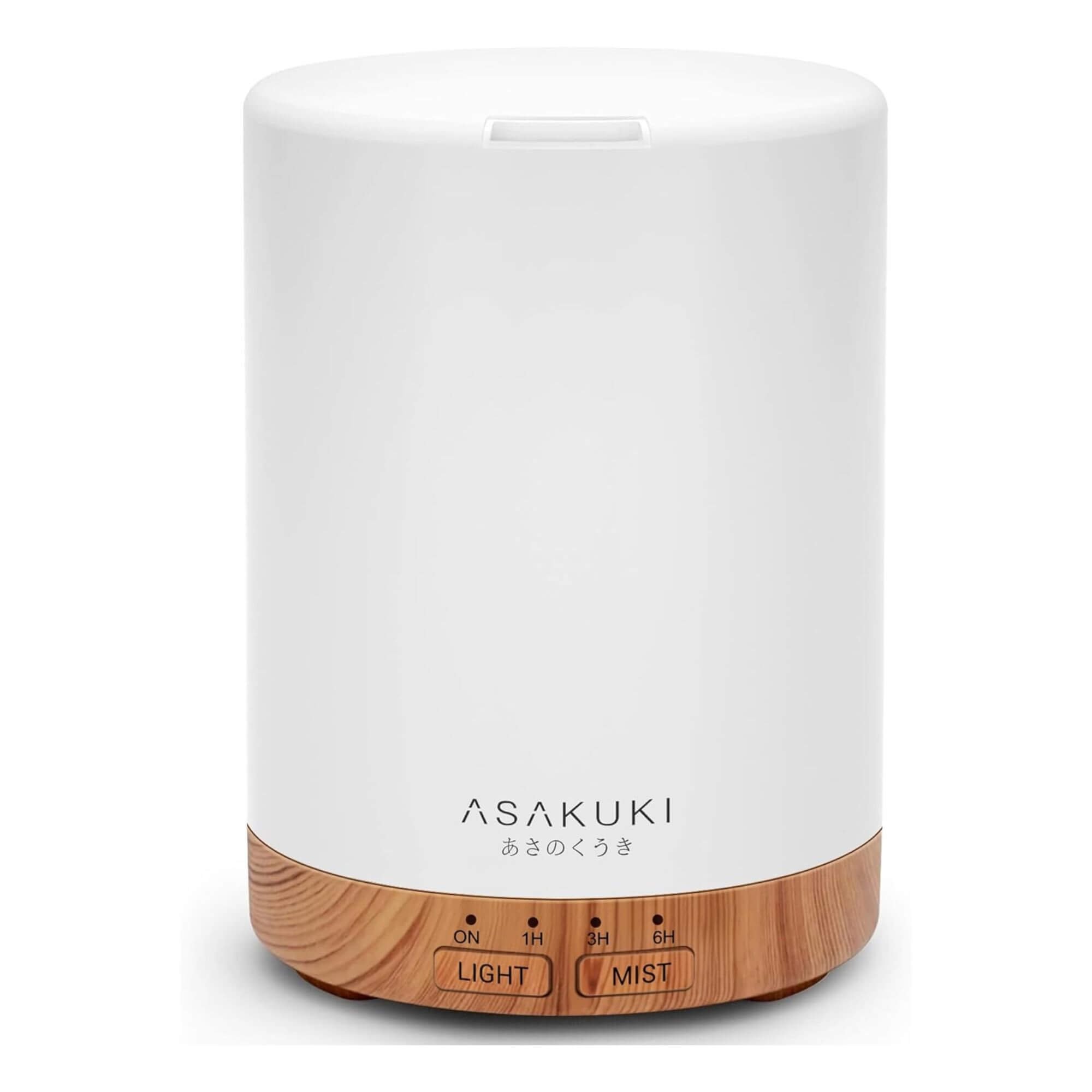 White essential oil diffuser with a wood grain base and control buttons for light and mist settings.