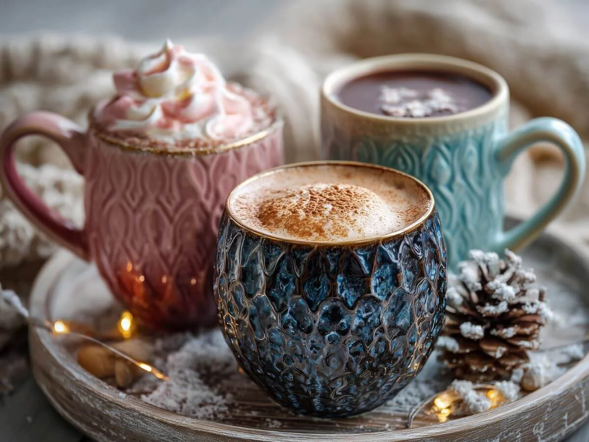 Cozy winter mugs filled with non-alcoholic hot drinks on a rustic tray, featuring textured ceramic cups, warm lighting, and seasonal winter decor.
