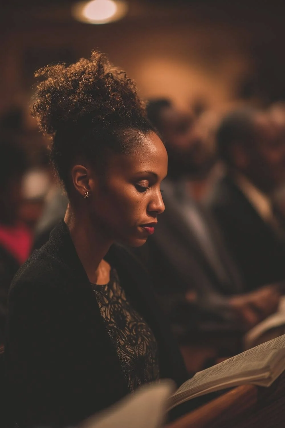 Black Woman with hair in a curly bun reading from a book during a church service, softly lit with other attendees blurred in the background.