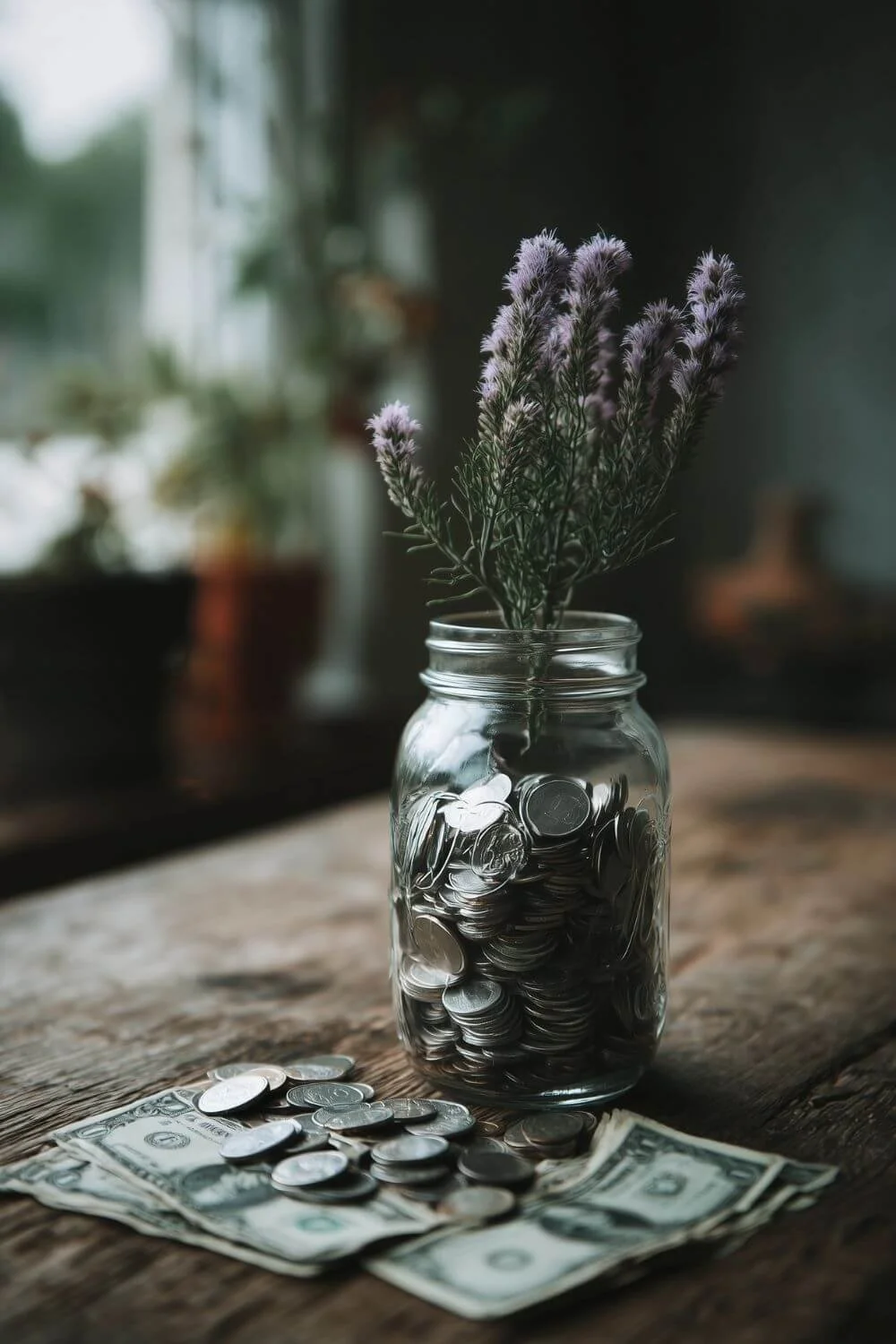 Glass mason jar filled with coins and topped with small purple flowers, sitting on a rustic wooden table with scattered change and dollar bills in soft natural light.