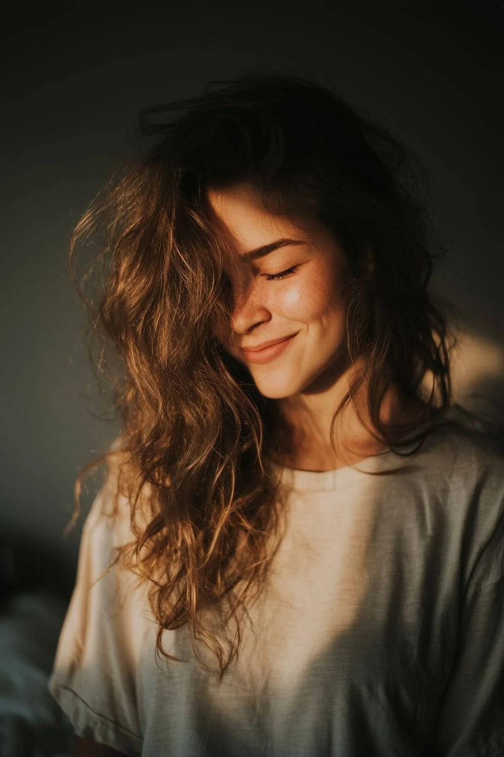 Woman smiling softly in warm light, looking peaceful and reflective.