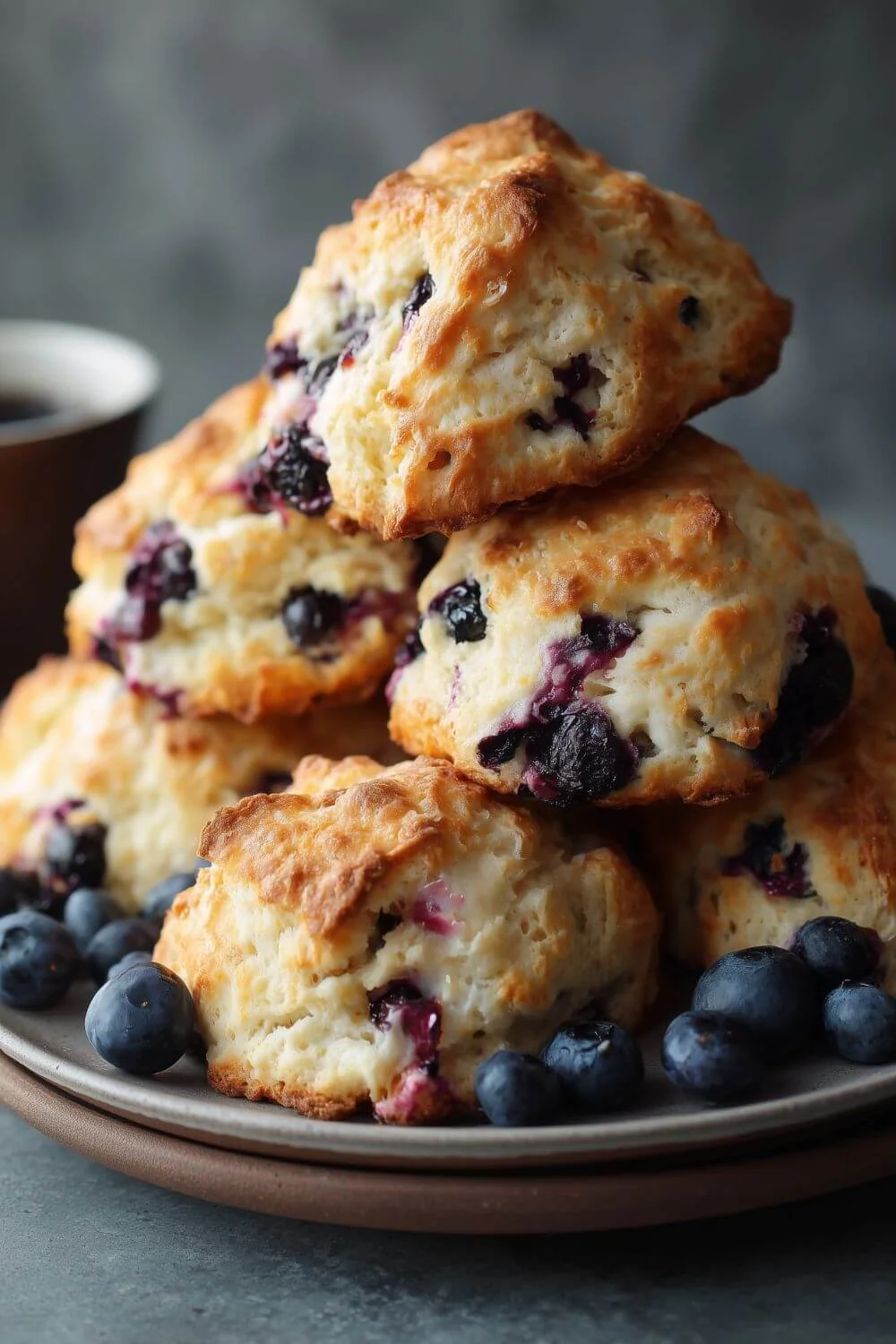 Fresh homemade blueberry scones stacked on a plate with whole blueberries beside them.