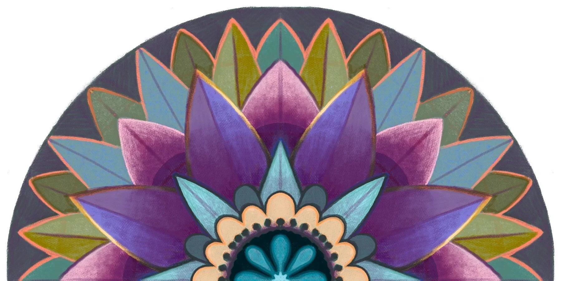Colorful mandala design with petal and leaf shapes in purple, blue, green, and peach, with gold outlining on a dark background.