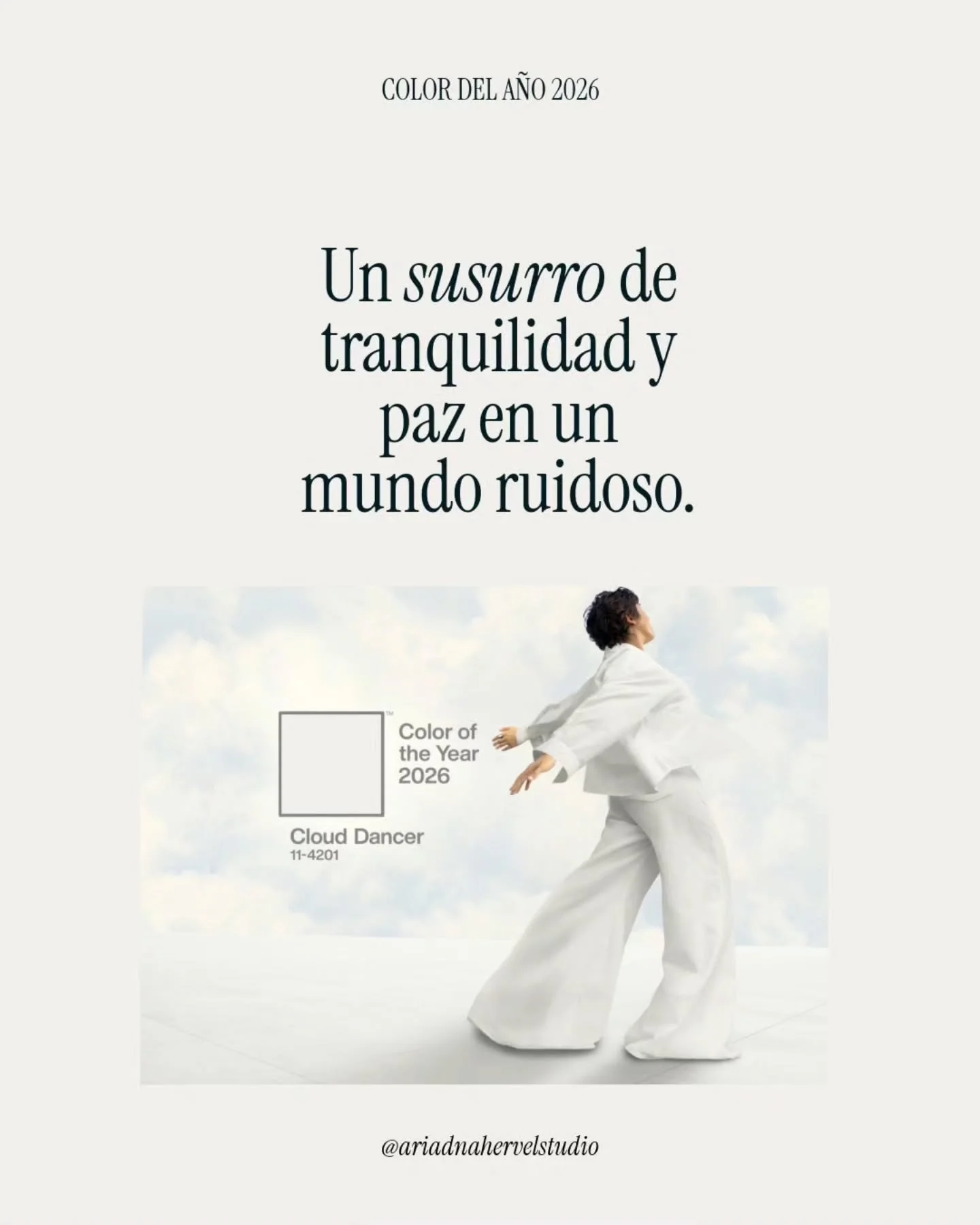 Pantone 2026: Cloud Dancer 🤍✨

Suave, limpio, calmante&hellip; un blanco c&aacute;lido que invita a volver a lo esencial.

Y Cloud Dancer llega con un mensaje claro:
Pausa. Claridad. Renacer.

⭐ Por qu&eacute; es importante conocer el color del a&nt