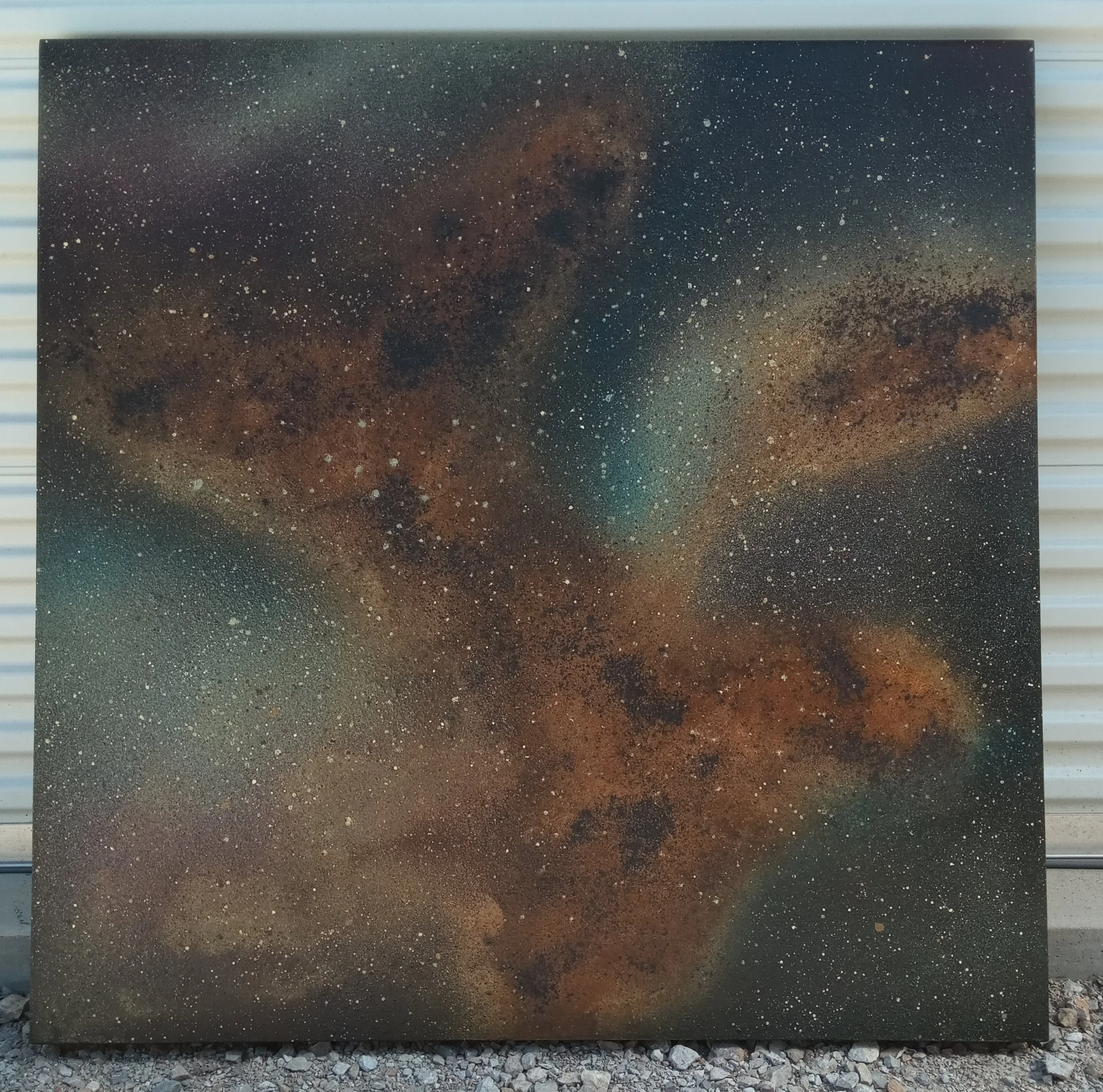 Canvas/iron paint/latex paint/spray paint/coffee/rock salt: 47.5"x47.5"