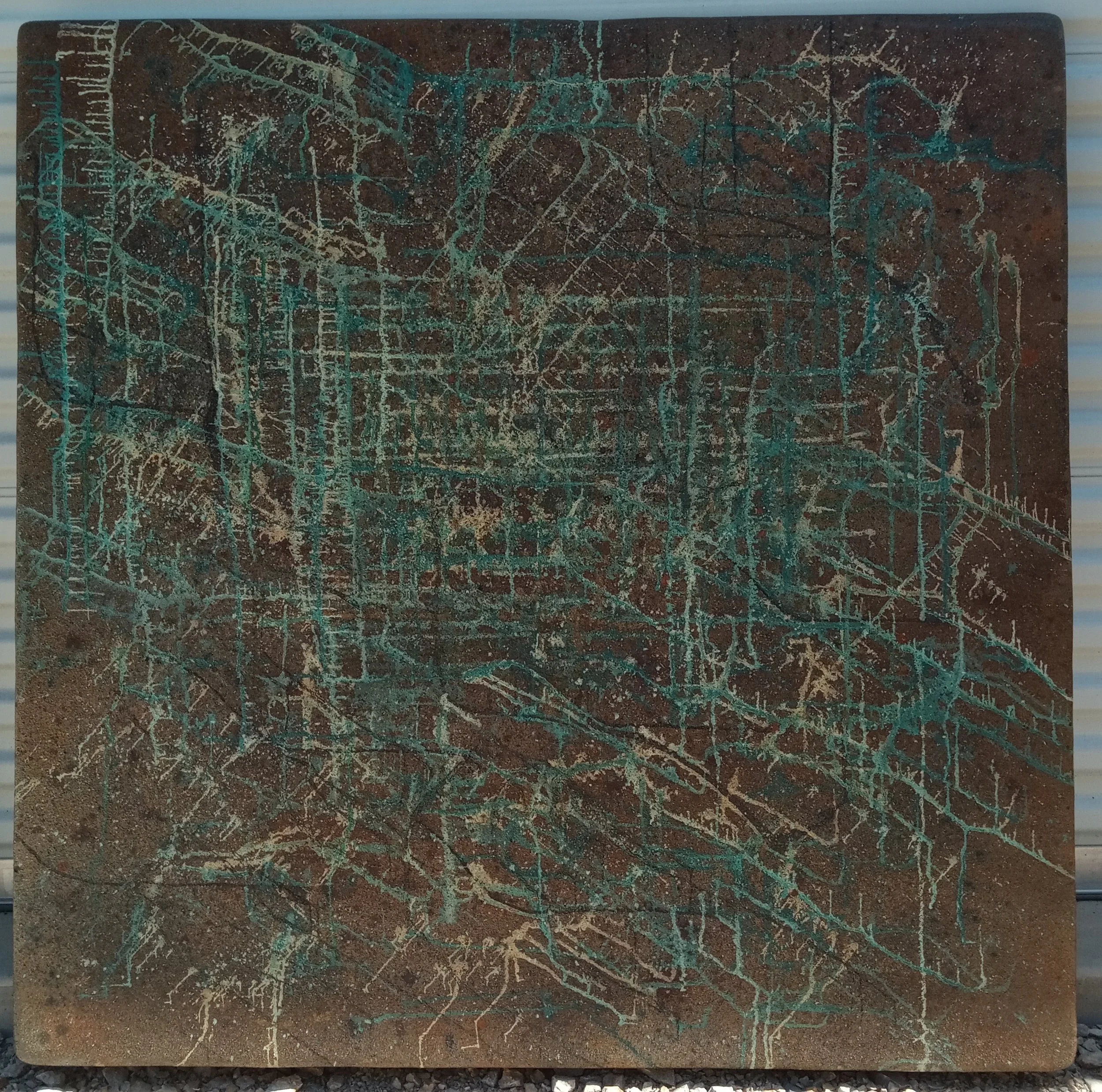 Wood panel/iron paint/latex paint/coffee/rock salt: 48"x48"