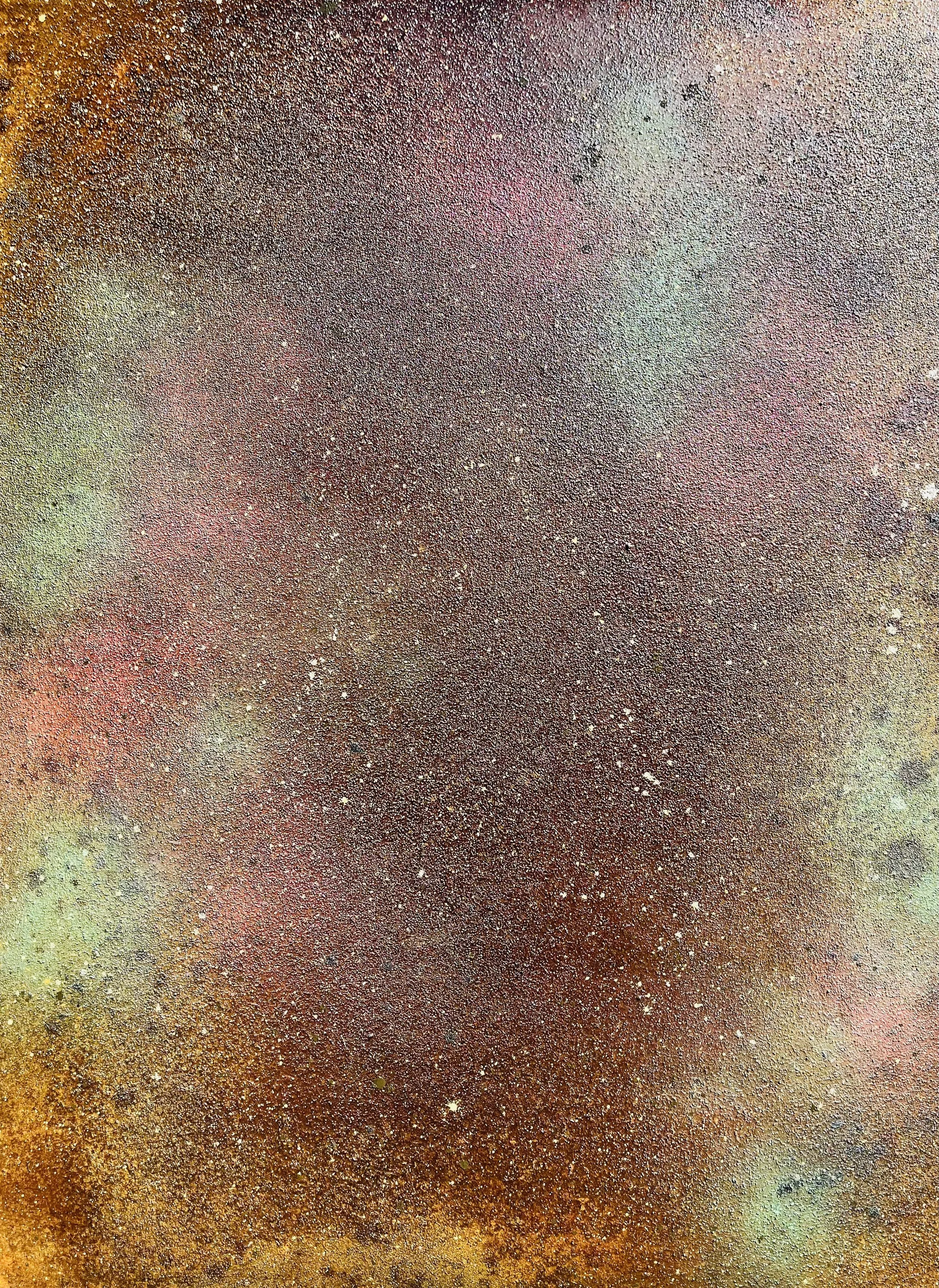 Canvas/iron paint/spray paint/coffee/rock salt:
36" x 48"