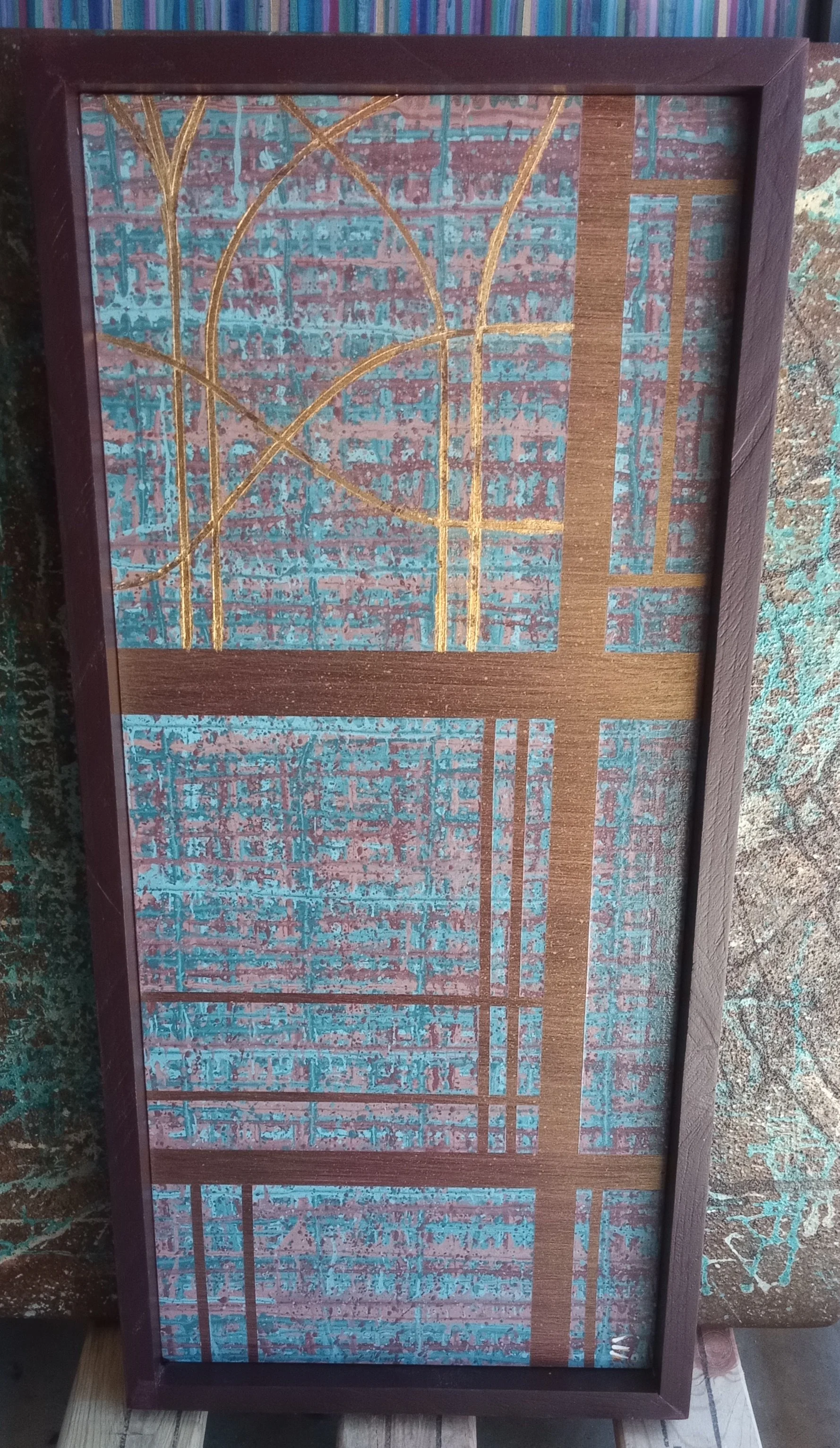 Wood panel/latex paint/gold leaf: 13.5"x29.5"