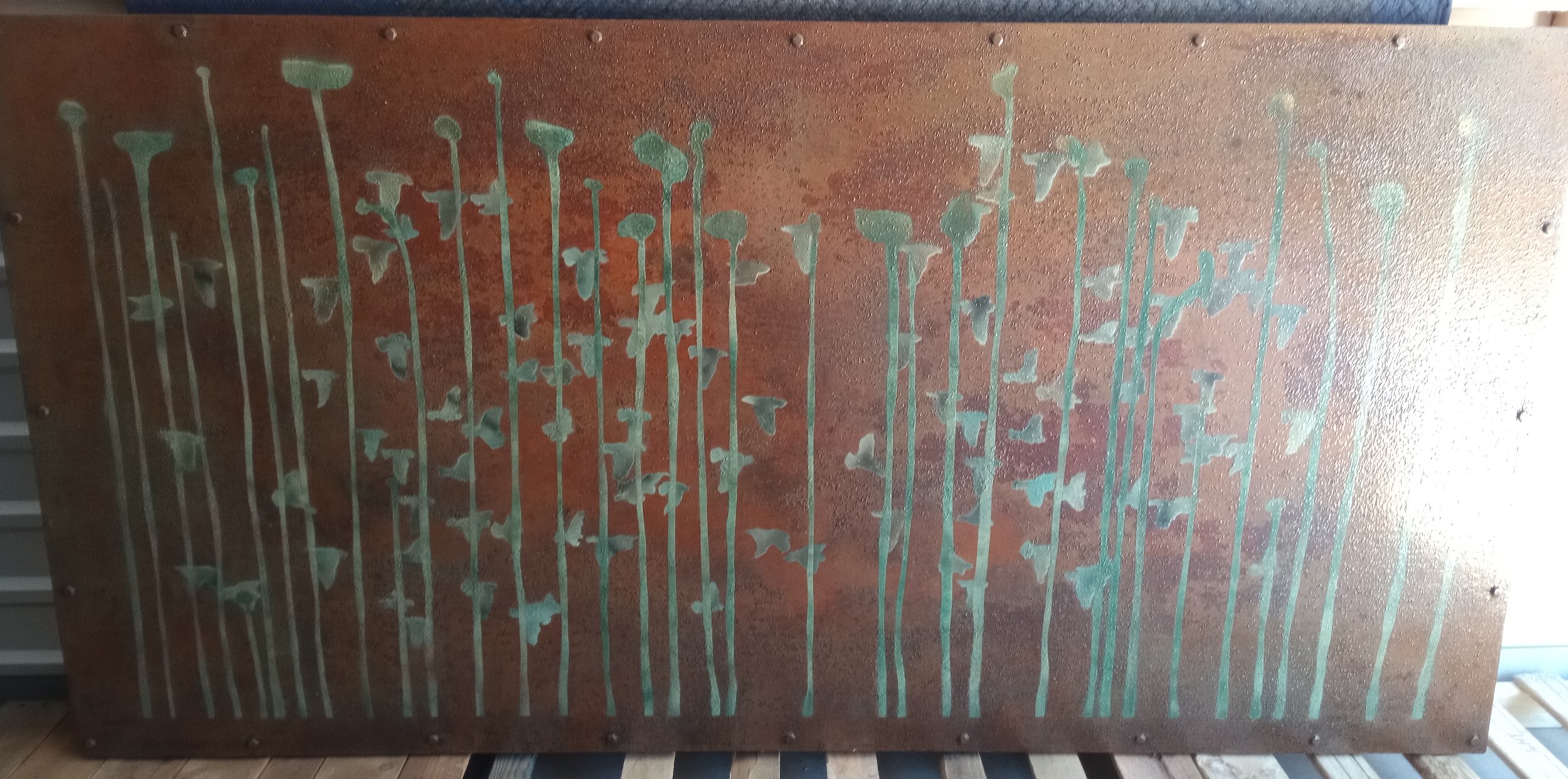 Wood panel/iron paint/spray paint/coffee: 96"x48"