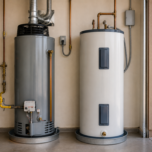 white gas water heater beside two electric water heaters