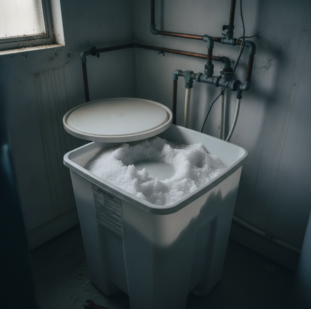 water softener resin tank with hard water scale buildup