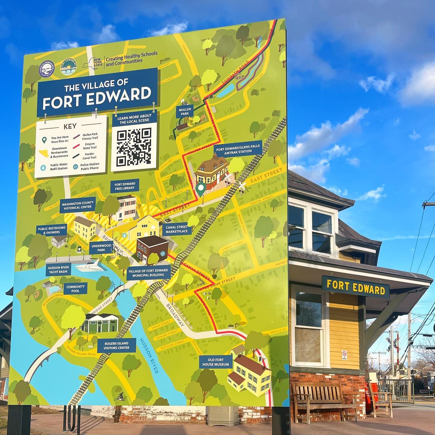 Swing by the train station to check out the recently installed and beautiful new map of the Village of Fort Edward! This is a great addition for cyclists riding along the Empire State Trail, people arriving in Fort Edward by train, and anyone else lo