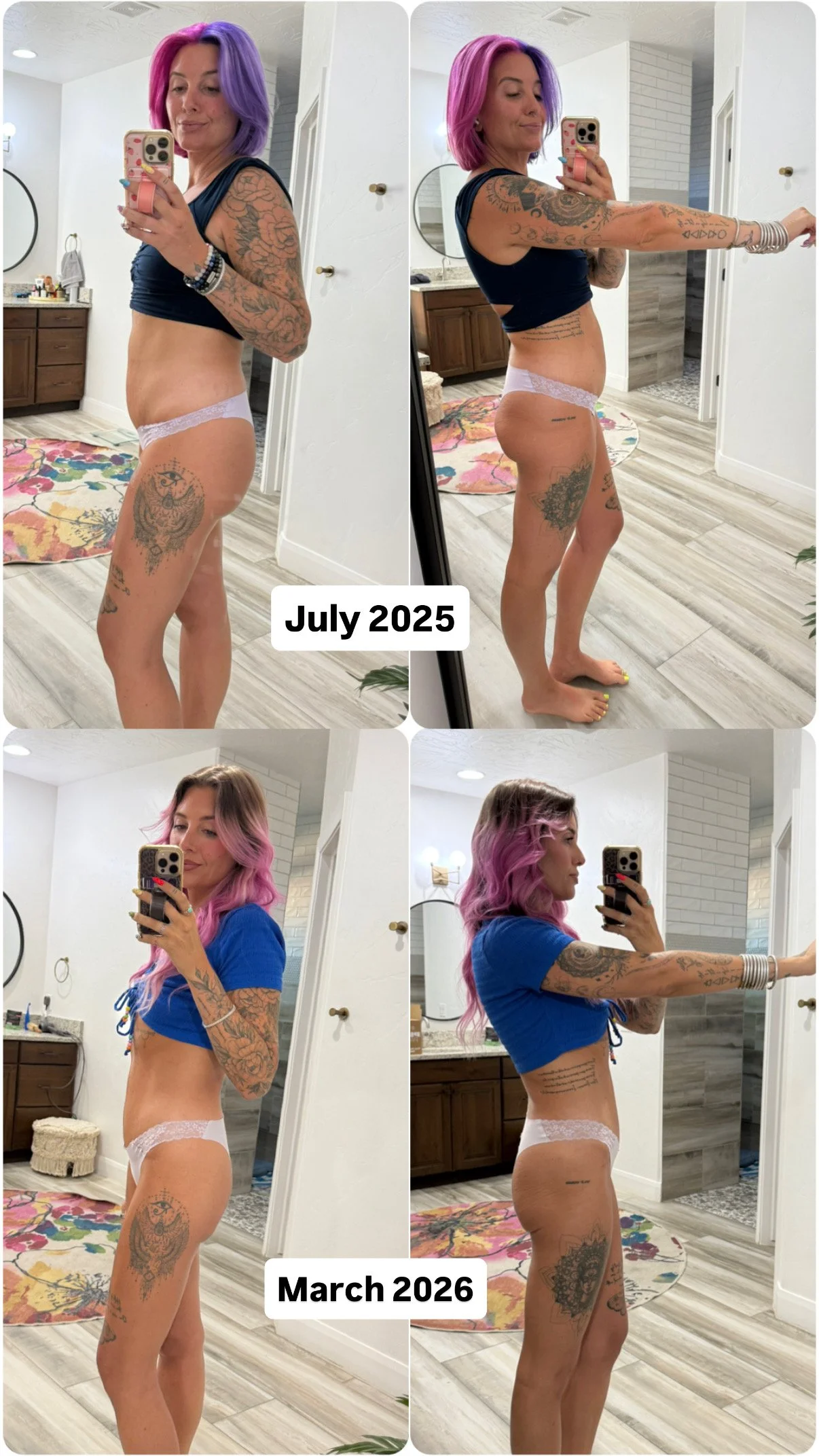 Before and after comparison — July 2025 vs March 2026, side and back views