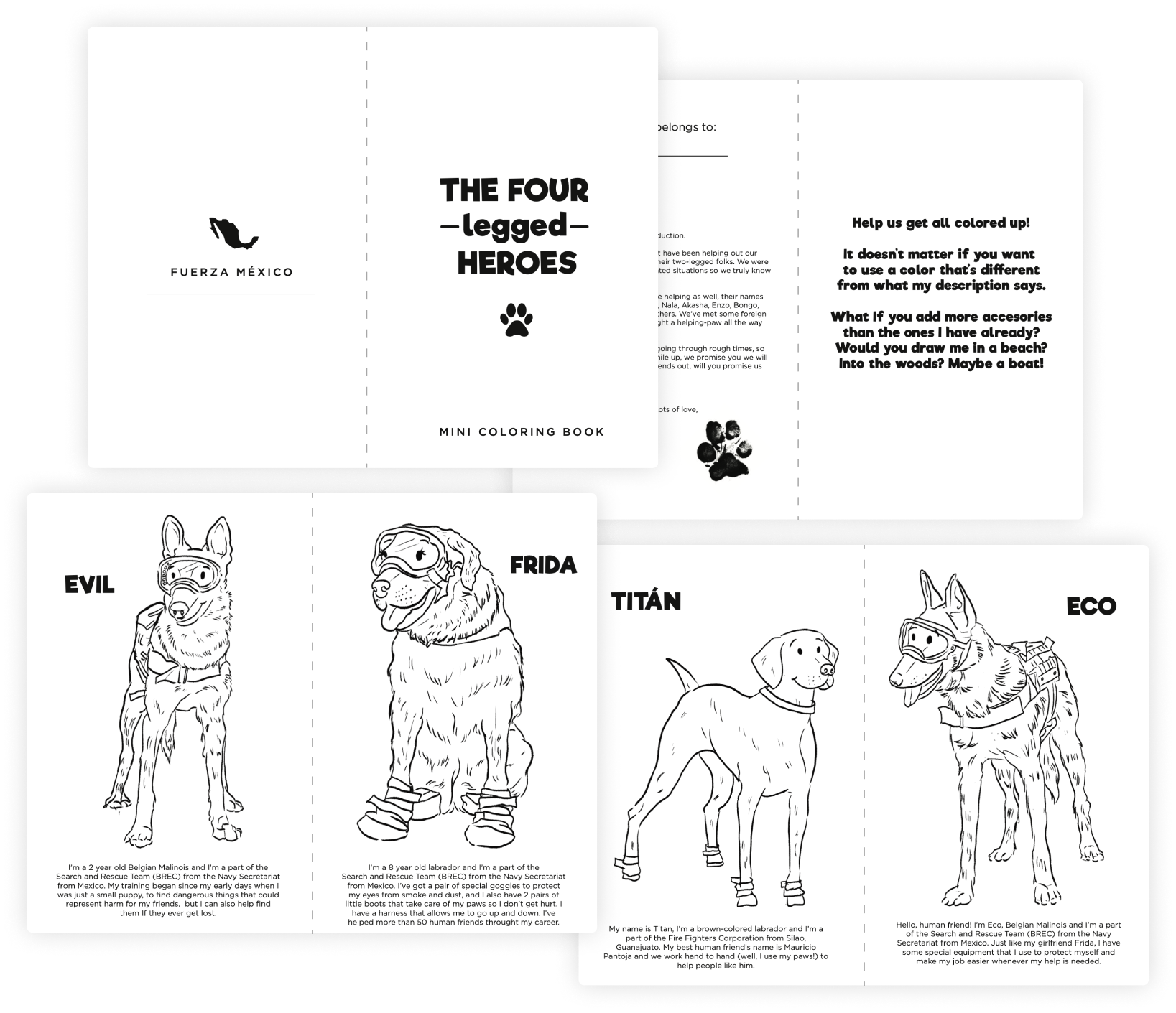 The Four Legged Heroes - Mini coloring book preview pages