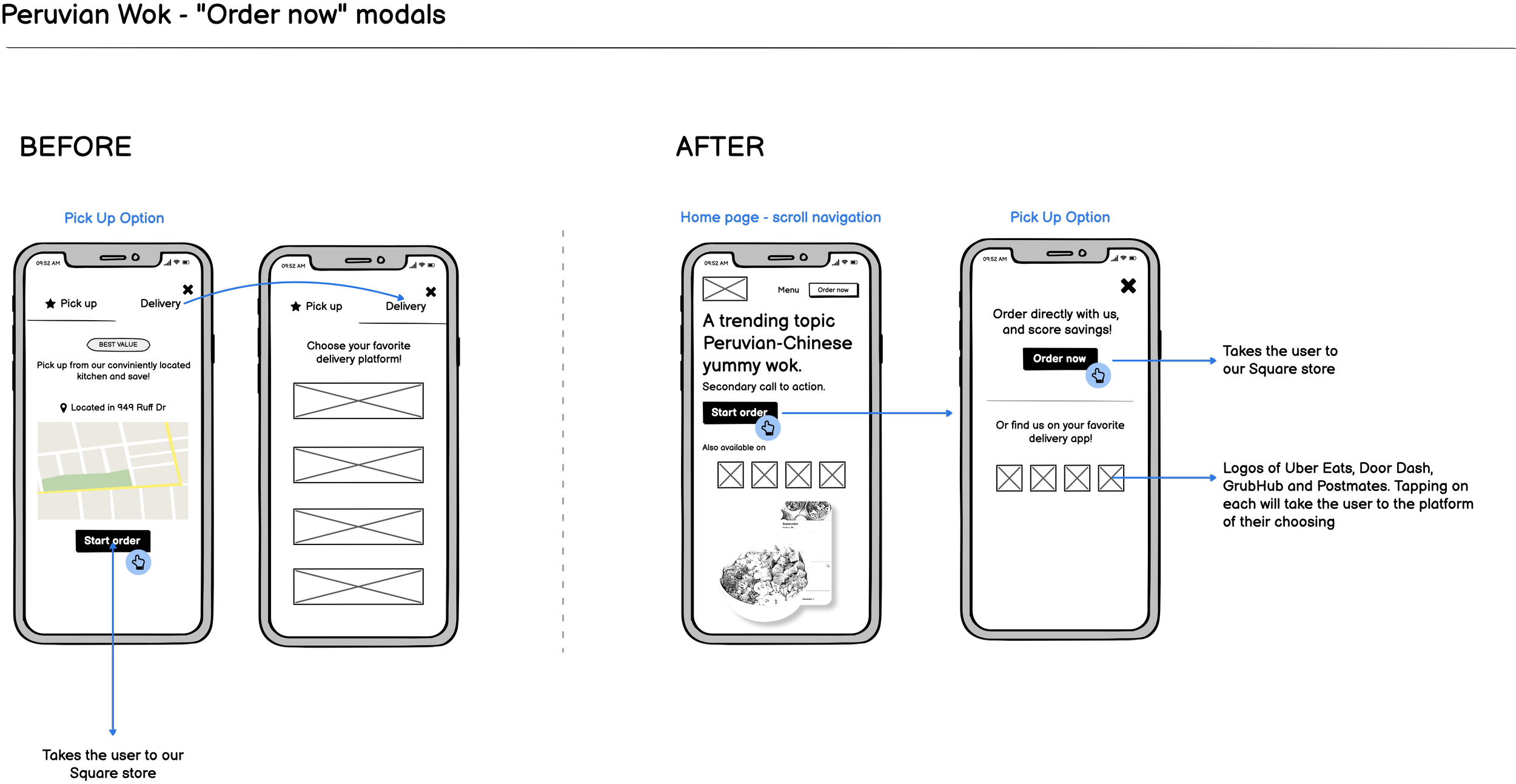 Image showing an iteration process for the base layout that simplified the way users can start the ordering process
