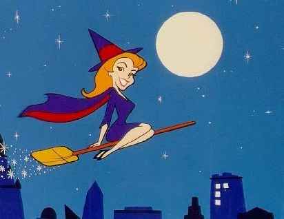 Witch from Bewitched circa 1960s flies on her broomstick