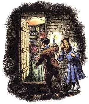 A young man holding a lit candle is walking into a room, with two young women standing nearby outside the doorway. The room is filled with shelves and furniture, and the scene is illuminated by the candle and a sunset visible through the window.