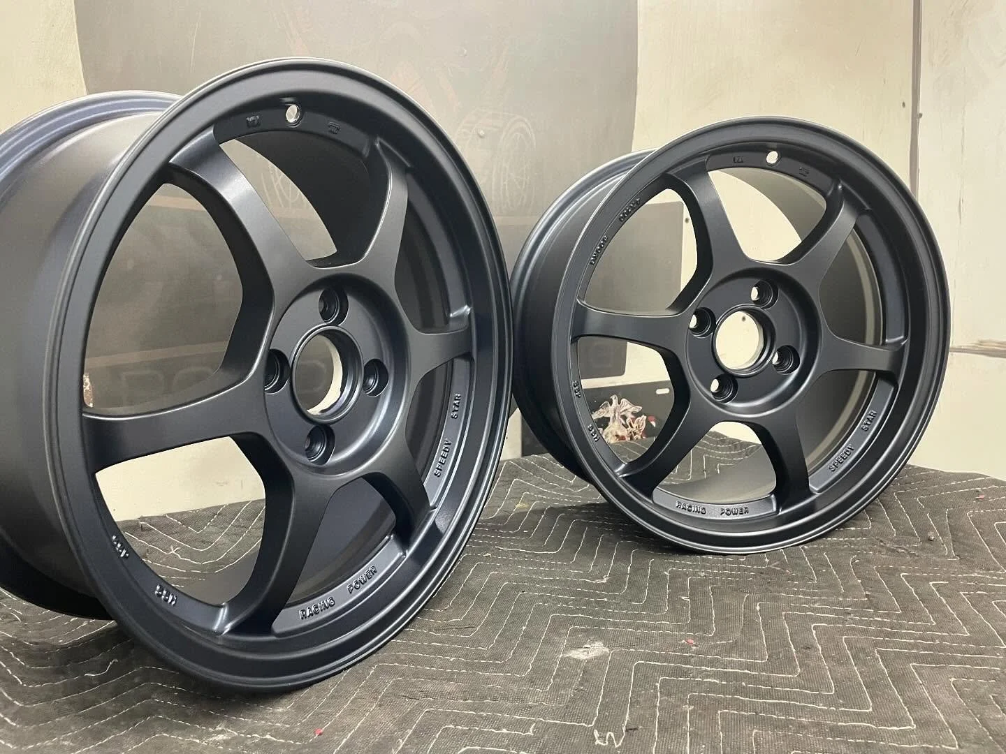 We have a ton of wheels coming through the shop as we speak! Let&rsquo;s get it!! This set was refinished in @prismaticpowders Misty Blue with Fog Clear for the man @fl5_daniel 🤙🤘
.
.
.
.
#powdercoat #powdercoating #powdercoated #powdercoatedwheels
