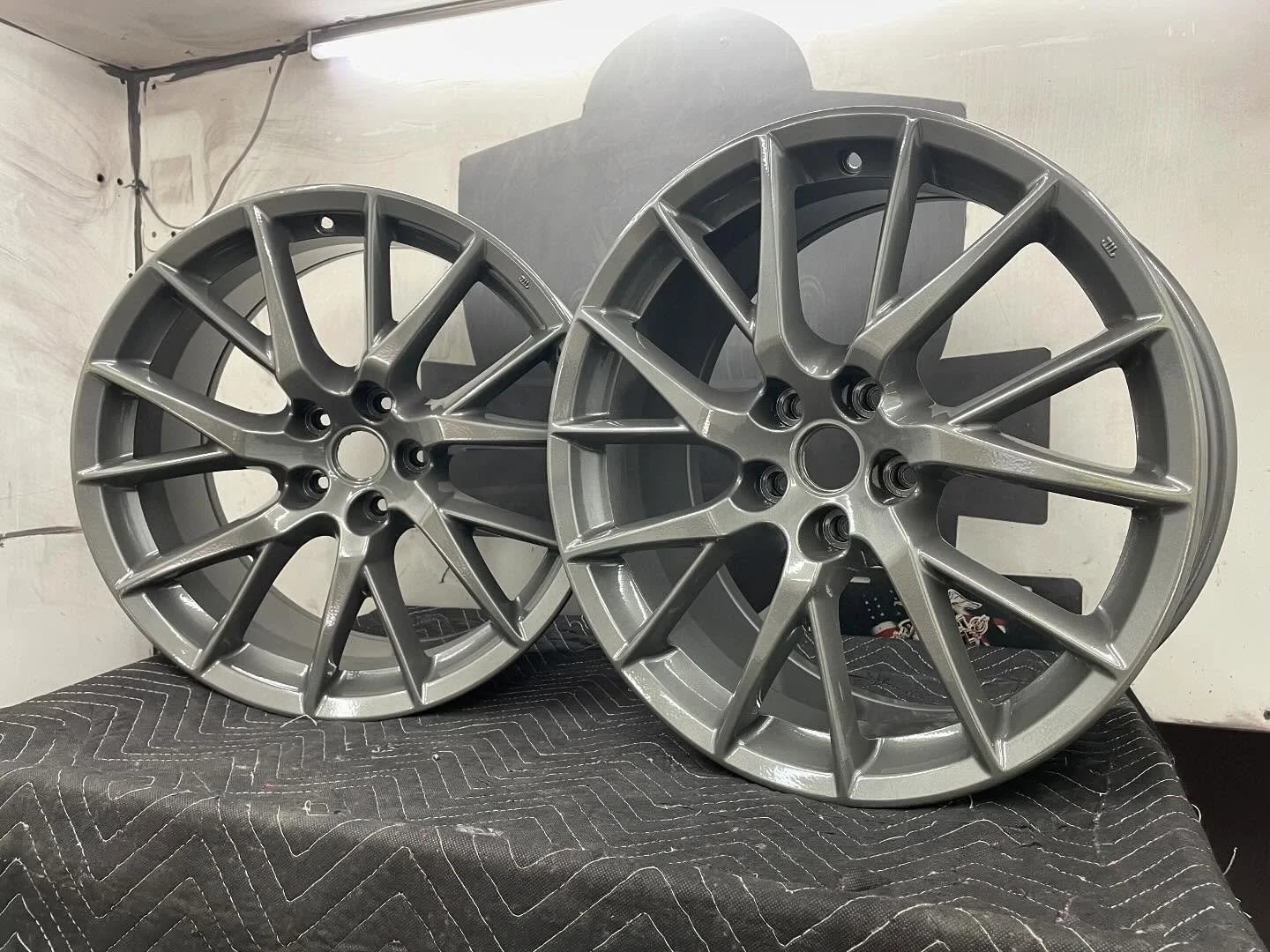 Refinished some wheels for our friends over at @paint_protection_of_charlotte 🤘 fixed some curb rash and then fully prepped and coated in @columbiacoatings Polaris Matte Titanium Metallic with Super Durable Wet Clear to match the factory finish on t