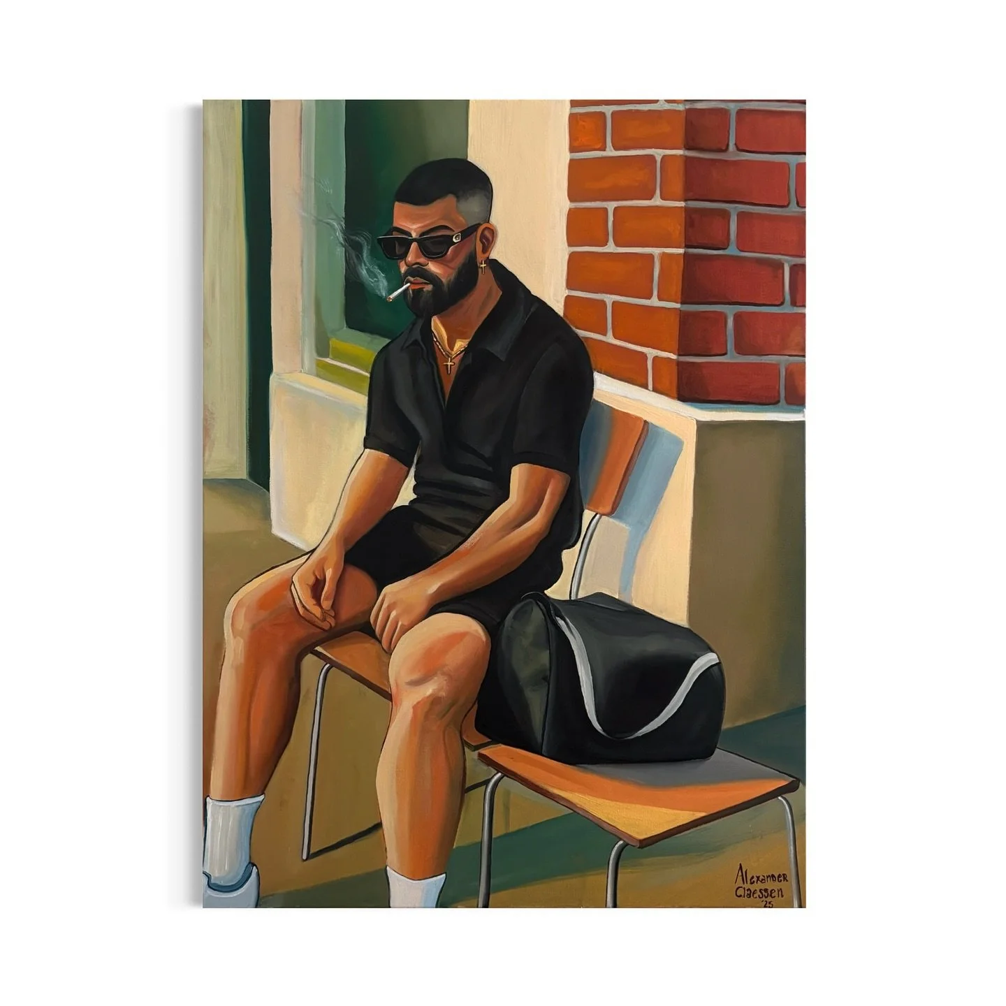 Title: The Quiet Cost.
60x80 cm oil on linen.
Model: @itsandreas94 

A man sits alone on a chair outside, his posture calm yet alert. Eyes closed. He wears a black outfit &mdash; short-sleeved shirt, shorts, sunglasses &mdash; every detail deliberate