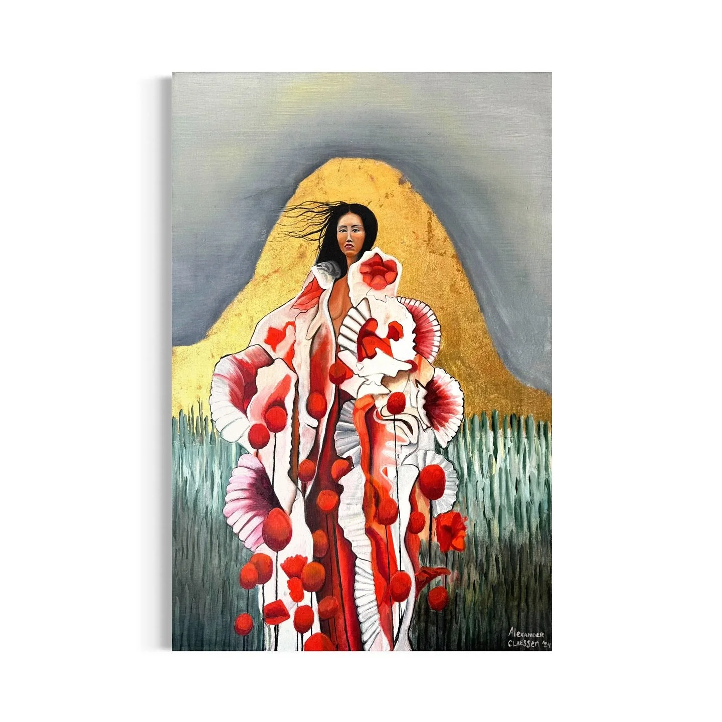 Wrath of Gaia.
Oil &amp; 23.75 goldleaf on linen &mdash; 80x60 cm.

She rises in fury, cloaked in fire and bloom.
The earth&rsquo;s ancient force, Gaia, no longer silent.
Her patience exhausted by the scars of human greed, she stands unyielding, a re