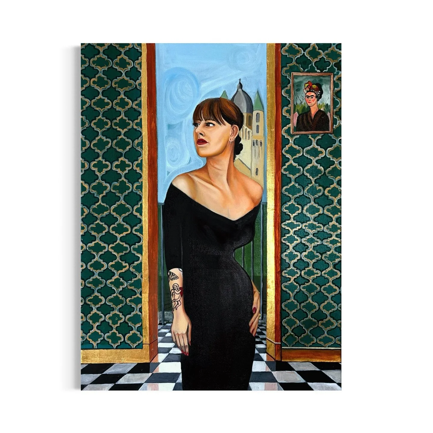 La Flamande de Maastricht.

This painting portrays Frauke, standing tall and elegant in a fitted black dress, her posture both poised and powerful. Her red lips and strong gaze give her a striking presence, suggesting not only
confidence but also a d