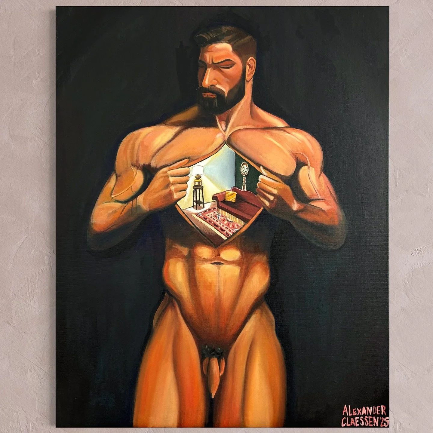 A Fortress for Pure Vulnerable Kindness (2025)
Oil on linen
100 &times; 80 cm

We are quick to believe what our eyes tell us. A body of stone must be a heart of stone. A tough gaze must be a merciless spirit. But how often are we wrong?

The truth is