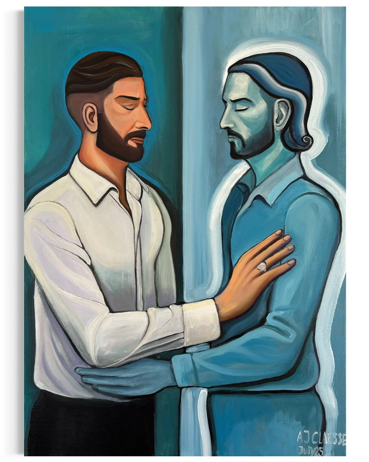 📍Castelsardo, Sardinia
Title: &ldquo;Twins in Two Dimensions&rdquo;
Size: 50x70 cm
Medium: Oil on linen

A painting about connection beyond space and time.
My twin brother Julian and I &mdash; mirrored, each in our own dimension.
The blue tones refl