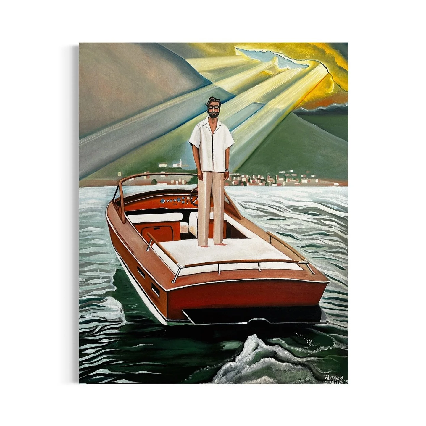 &ldquo;The Wake of Becoming&rdquo;

Oil on linen, 80x60 cm.

A man stands on the deck of a boat, his gaze lost in the horizon. The motor hums&mdash;perhaps, or perhaps it is silent, drifting with the currents of fate. There is no one at the helm, yet