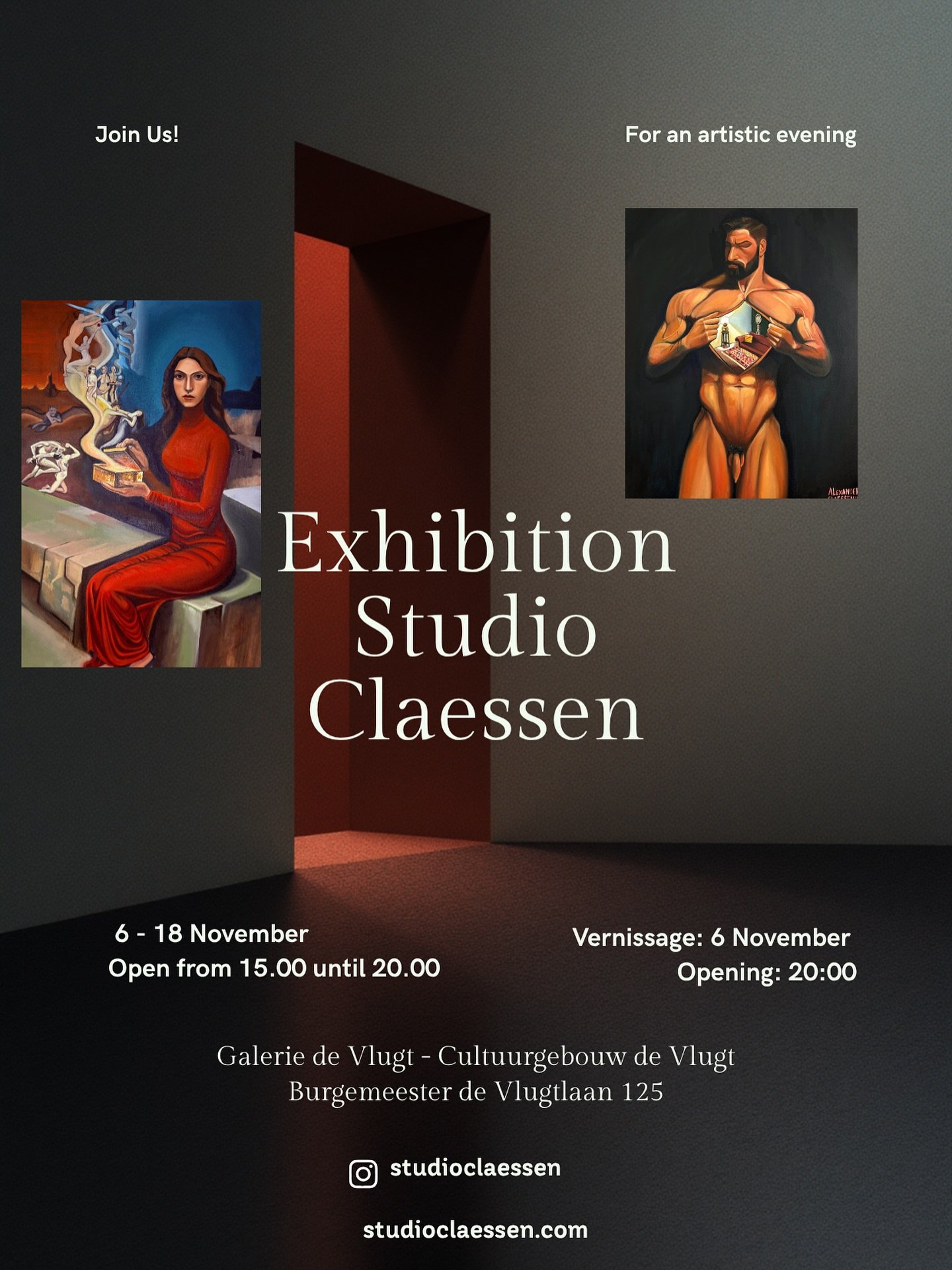✨ Exhibition &ndash; Studio Claessen ✨
From 6 to 18 November, I&rsquo;ll be presenting my latest works at Galerie de Vlugt in Amsterdam.
A collection of paintings where myth, physicality, and transformation intertwine &mdash; raw, sensory, and deeply