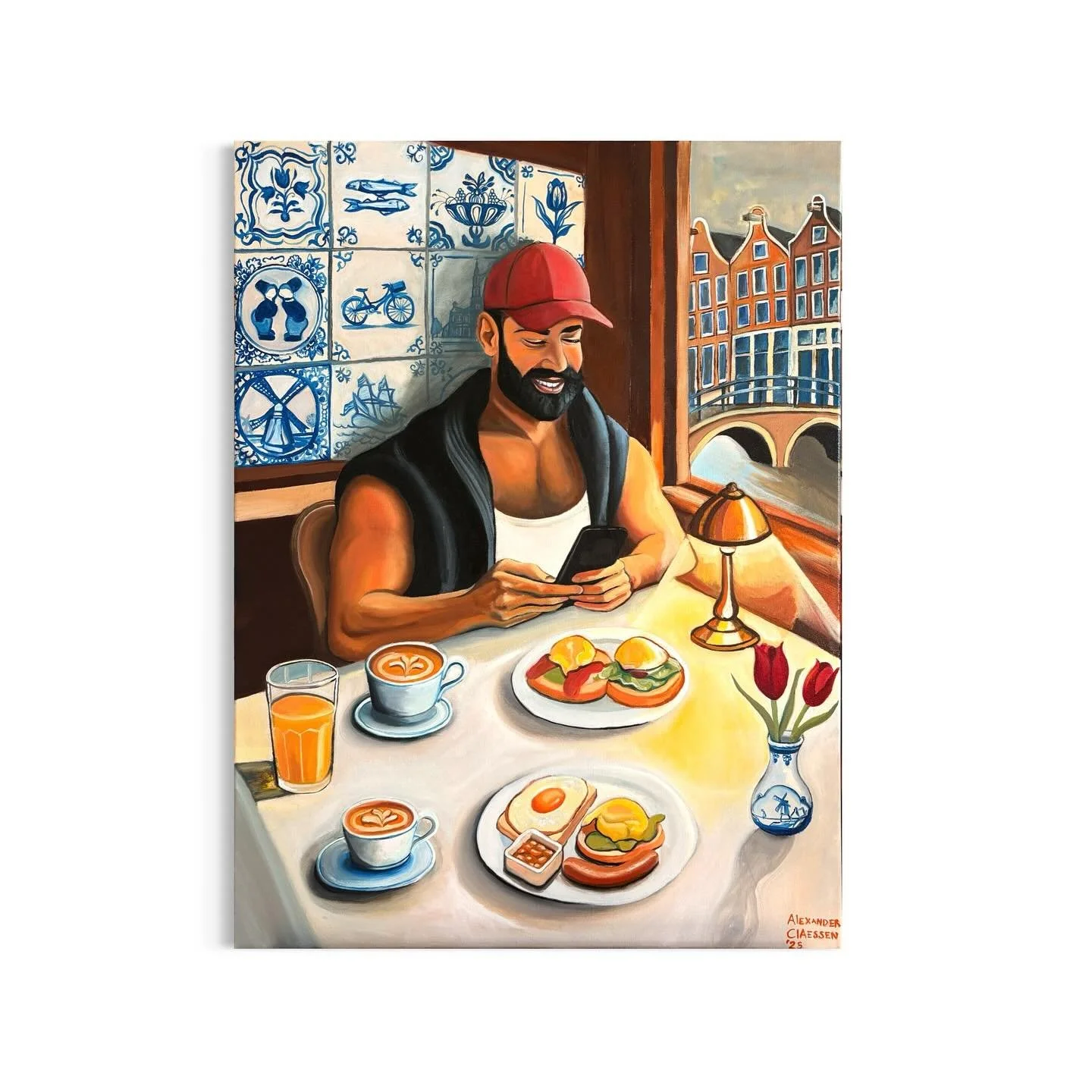 Breakfast in Amsterdam&rdquo;
60x80 cm &mdash; oil on linen
by Studio Claessen

A quiet morning in Amsterdam &mdash; a moment of love, reflection, and presence.
This painting celebrates Dutch heritage through the Delft blue tiles and canal houses, wh
