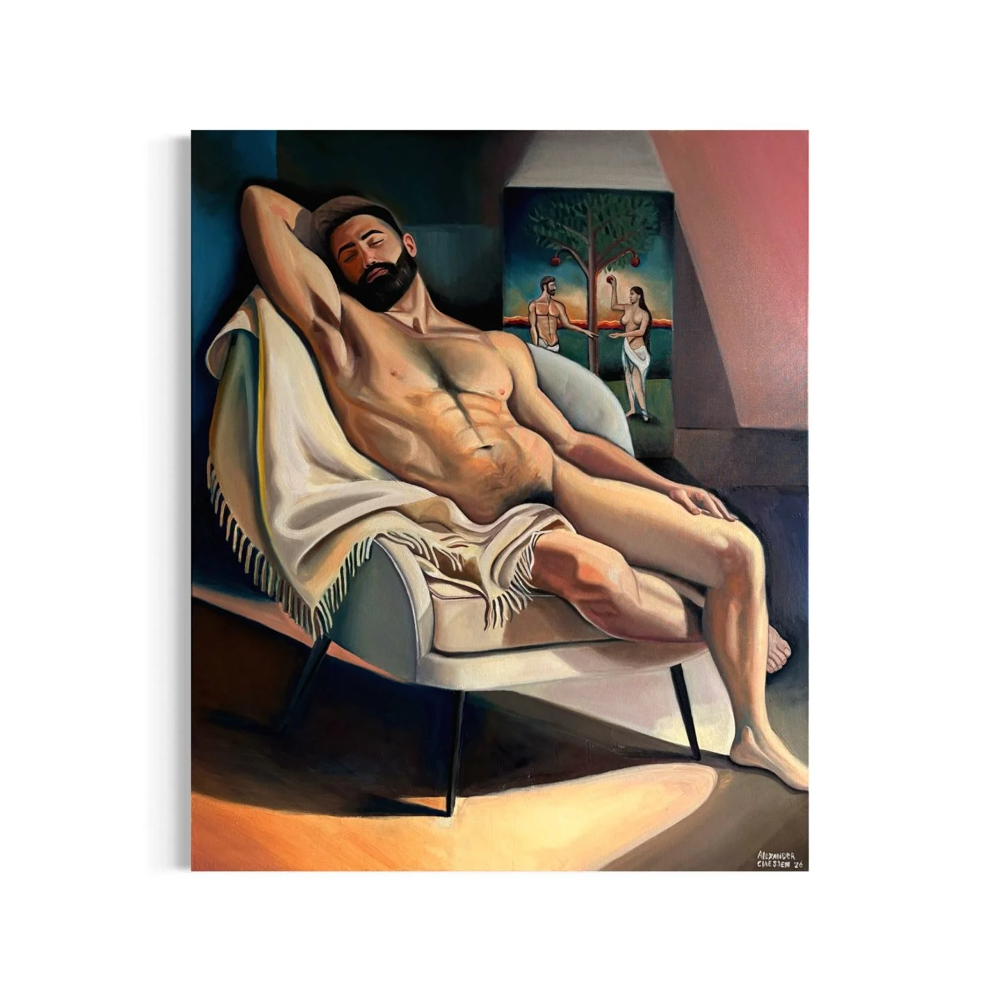 Title: rest. 
oil on linen &mdash; 100 &times; 120 cm

Sleep is the moment the body stops performing.
A quiet surrender to the truest self.

Here, social and cultural roles loosen their grip.
What remains is breath, weight, stillness.

Behind him sta