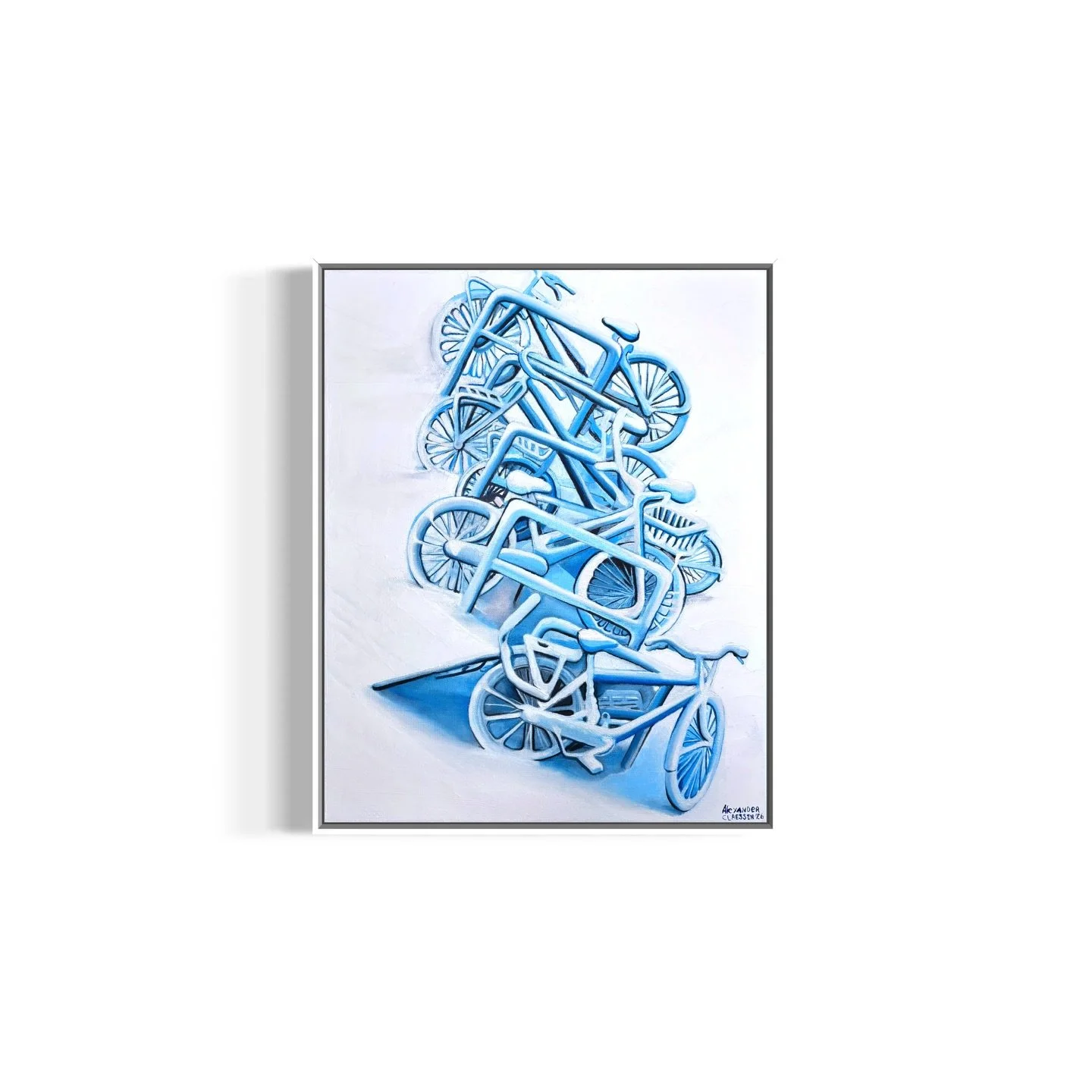 Title: Frozen Bicycles
Medium: Oil on linen
Size: 50 x 40 cm
Feb, 2026. 

A vertical stack of bicycles rises like a fragile monument, their frames intertwined and frozen in place. Painted in cool blues and whites, the snow quiets what once symbolized