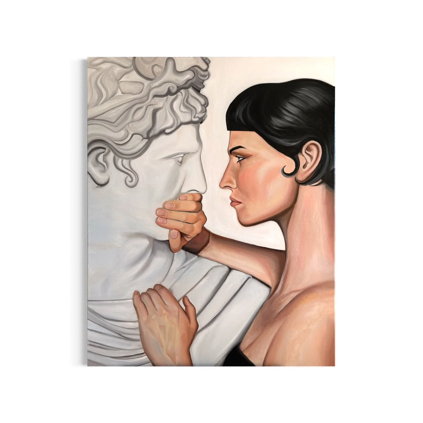 Title: The Hand That Edits Marble

Oil on linen
100 &times; 80 cm

In this painting, a living figure presses her hand over the mouth of a marble statue. The gesture is intimate yet forceful &mdash; the present silencing the past.

The statue represen