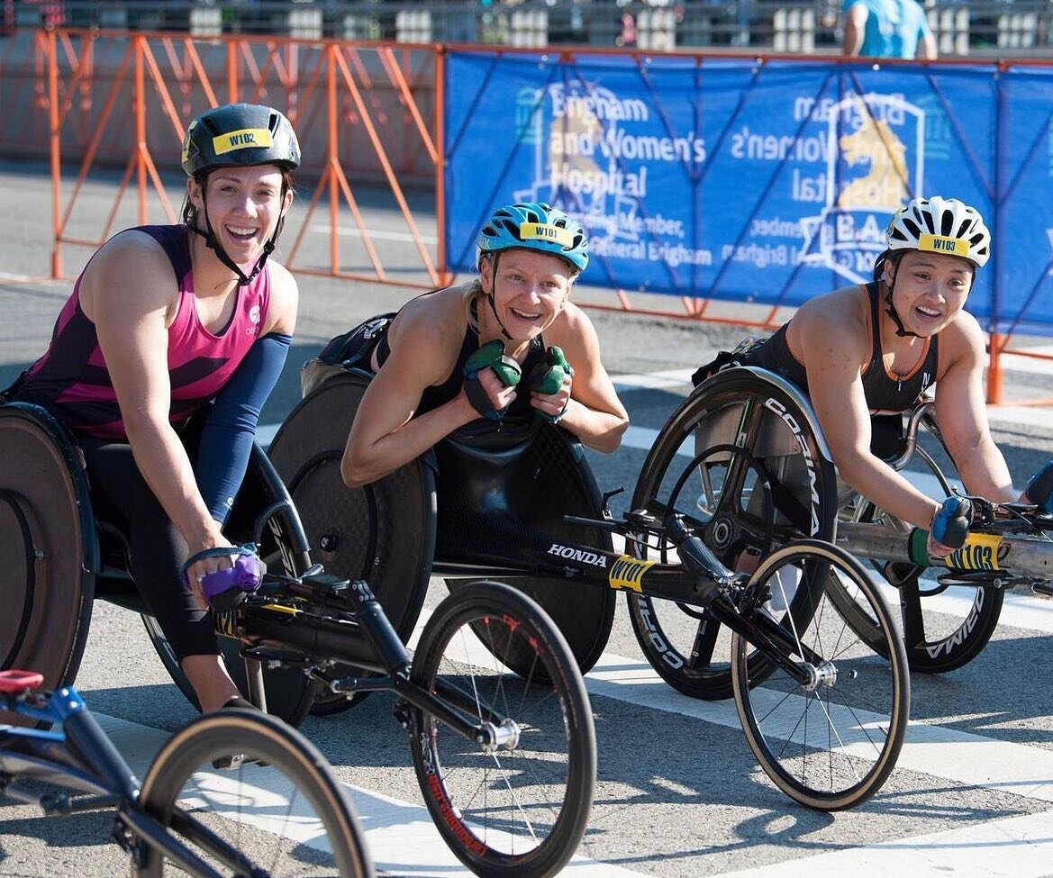 I just REALLY love to race&hellip; especially when it includes @suscaroni @yenhoang_11 💕 First time at the B.A.A. 10k today! Thank you @teambaa for having us &mdash; let&rsquo;s continue to make this a great race for the wheelchair division for many