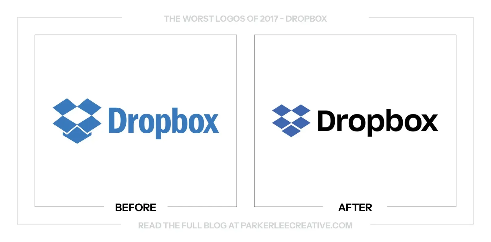 DROPBOX logo before and after the 2017 rebrand.