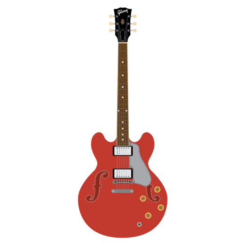 Red electric guitar with a silver pickguard, f-holes, and gold control knobs, featuring a brown neck and headstock with the Gibson logo.