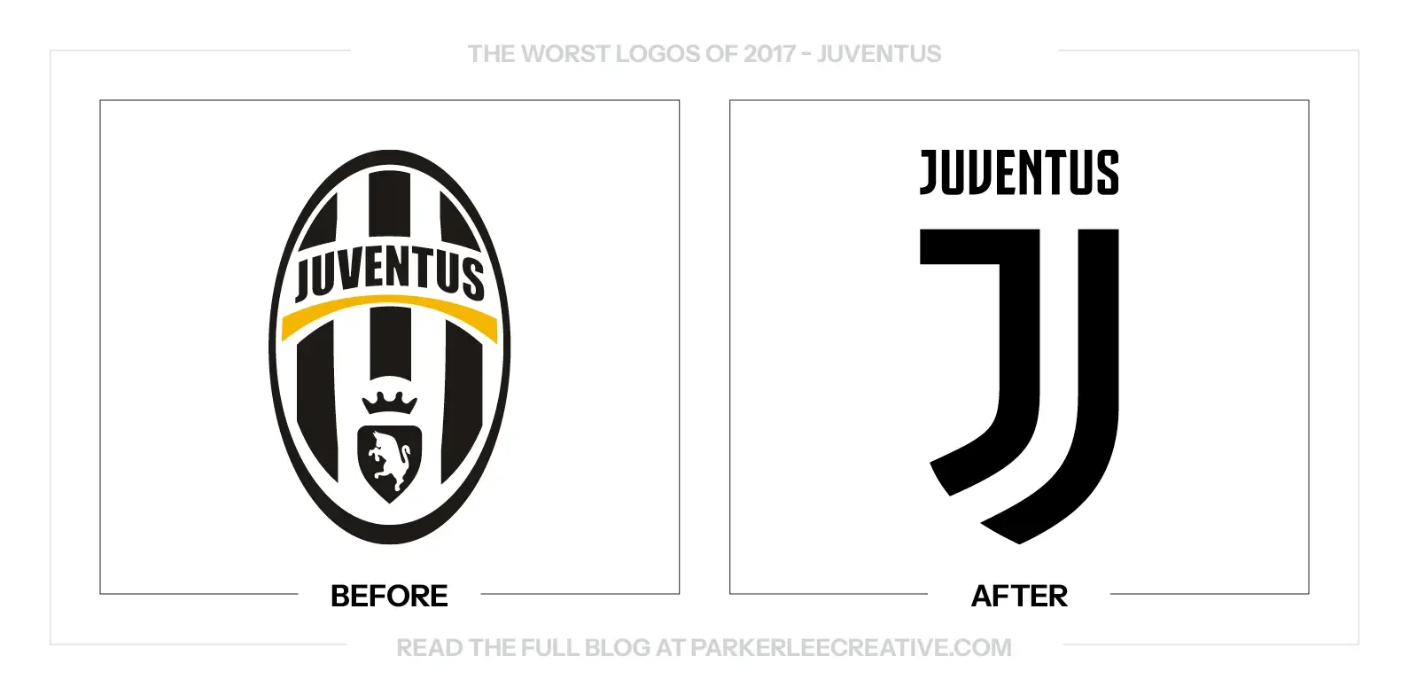 JUVENTUS logo before and after the 2017 rebrand.